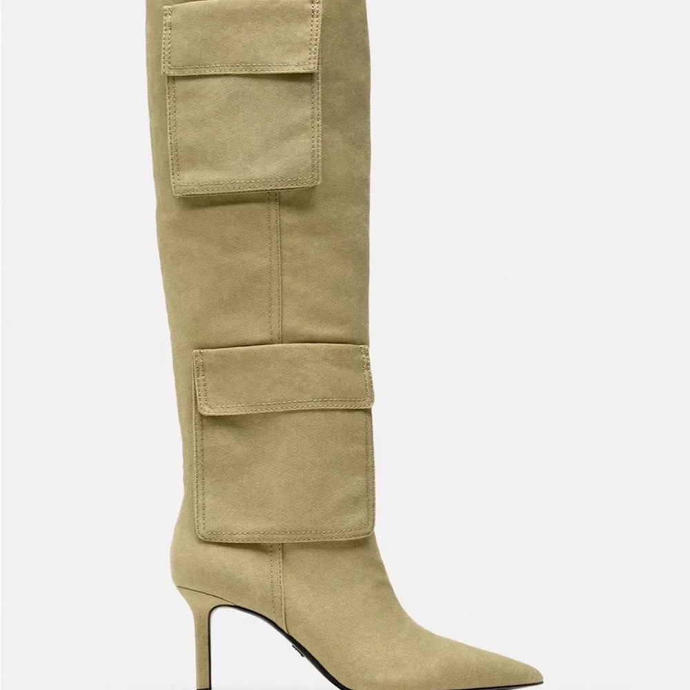 Zara Olive Suede Pointed-Toe Knee-High Boots with Flap Pockets - Picture 1 of 1